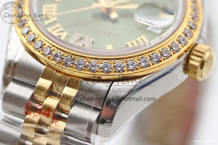 1219 Bright Lady DateJust 28 SS YG TWF Diamonds Bezel 1:1 Best Edition Green Dial Roman Markers on Jubilee Bracelet NH 2135
